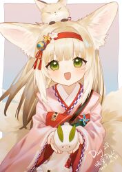 1girl animal_ears arknights blonde_hair dated fox fox_ears fox_girl fox_tail green_eyes hairband highres holding japanese_clothes kimono kitsune kurokami_nekoya kyuubi long_sleeves looking_at_viewer multiple_tails official_alternate_costume open_mouth pink_kimono red_hairband signature solo suzuran_(arknights) suzuran_(yukibare)_(arknights) tail teeth upper_teeth_only
