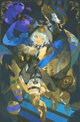 1girl ;o absurdres animal_ear_fluff animal_ears animal_hood armored_boots armpits belt black_leotard blue_eyes boots breasts cat_ears cat_girl cat_hood cat_tail cipher_(honkai:_star_rail) cleavage coin commentary gold_boots gold_coin grey_hair highres honkai:_star_rail honkai_(series) hood jar leotard medium_breasts one_eye_closed saturn_(saturn_illus) short_hair spirithief_bartholos_(honkai:_star_rail) tail thigh_belt thigh_boots thigh_strap thighs