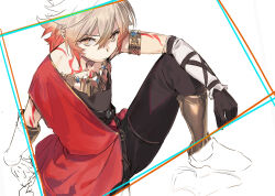 1boy aged_down ancient_greek_clothes ankle_boots arm_tattoo armlet armored_boots black_pants black_shirt blonde_hair boots chest_tattoo chiton facial_tattoo gold_necklace gradient_hair greco-roman_clothes hair_between_eyes highres honkai:_star_rail honkai_(series) jewelry looking_at_viewer male_focus medium_hair multicolored_hair mydei_(honkai:_star_rail) necklace pako_(pakosun) pants red_hair red_tattoo shirt sitting sleeveless sleeveless_shirt solo tattoo unfinished yellow_eyes