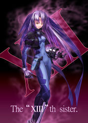 Rule 34 | 00s, 1girl, bodysuit, breasts, covered erect nipples, female focus, gauntlets, ginga nakajima, gloves, hair ribbon, highres, long hair, lyrical nanoha, mahou shoujo lyrical nanoha, mahou shoujo lyrical nanoha a&#039;s, mahou shoujo lyrical nanoha strikers, medium breasts, numbers (nanoha), purple hair, revolver knuckle, ribbon, solo, tom (1art.), yellow eyes