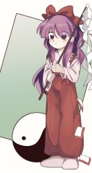 Rule 34 | 1girl, closed mouth, gohei, hakurei reimu, hakurei reimu (pc-98), highres, holding, holding gohei, japanese clothes, long sleeves, lotus land story, miko, orb, pants, purple eyes, purple hair, red pants, shirt, solo, standing, touhou, touhou (pc-98), white background, white shirt, yamadainari, yin yang, yin yang orb, zun (style)