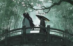 Rule 34 | 1boy, 1girl, bamboo, bamboo forest, black hair, black robe, blunt bangs, bridge, cherry blossoms, cherry tree, chinese clothes, covered mouth, falling petals, family hierarch candidate (identity) (project moon), forest, from side, green theme, grey scarf, hair ornament, hair over eyes, hair over shoulder, hanfu, hat, heishou pack-mao branch (identity) (project moon), high ponytail, hong lu (project moon), limbus company, limited palette, long hair, munh422, muted color, nature, petals, ponytail, project moon, robe, ryoshu (project moon), scarf, sheath, sheathed, smile, straw hat, sword, very long hair, walking, weapon, white hanfu, wooden bridge
