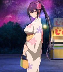 Rule 34 | 1girl, absurdres, anime screenshot, bag, blurry, blurry background, blush, closed mouth, cowboy shot, female focus, floral print, floral print kimono, flower, from side, hair flower, hair ornament, hair ribbon, haite kudasai takamine-san, high ponytail, highres, holding, holding bag, japanese clothes, kimono, long hair, looking at viewer, outdoors, ponytail, print kimono, purple hair, red eyes, red ribbon, ribbon, sidelocks, sky, solo, star (sky), starry sky, stitched, takamine takane, third-party edit, very long hair, white kimono, yukata