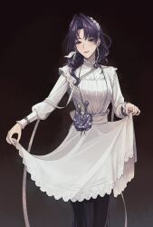 1girl alternate_costume angon623 black_background black_skirt clothes_lift commentary cowboy_shot curtained_hair dress dress_lift garofano_(path_to_nowhere) gradient_background hair_intakes hair_ornament hairband hairpin hashtag-only_commentary highres looking_at_viewer maid maid_headdress mole mole_under_mouth parted_bangs path_to_nowhere purple_eyes purple_hair skirt skirt_under_dress smile solo tape_measure white_dress white_hairband