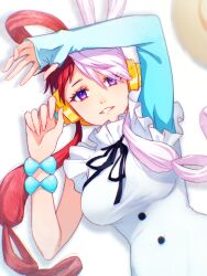 1girl black_ribbon bracelet breasts cariyacalco commentary_request detached_sleeves dress frilled_sleeves frills hair_rings hat headphones highres jewelry large_breasts long_hair looking_at_viewer lying multicolored_hair neck_ribbon on_back one_piece one_piece_film:_red parted_lips pink_hair purple_eyes red_hair ribbon single_detached_sleeve solo straw_hat two-tone_hair unworn_hat unworn_headwear upper_body uta_(one_piece) white_dress