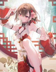 1girl arm_up armpits steamed_bun bare_legs bare_shoulders black_panties breasts brown_hair china_dress chinese_clothes cleavage_cutout clothing_cutout detached_sleeves dress feet_out_of_frame floral_print flower food frilled_sleeves frills hair_flower hair_ornament highres leg_up long_sleeves looking_at_viewer mouth_hold panties pelvic_curtain print_dress red_eyes second-party_source seiken_gakuin_no_maken_tsukai shary_corvette short_hair sleeveless sleeveless_dress small_breasts solo standing standing_on_one_leg thighs toosaka_asagi underwear white_dress wide_sleeves