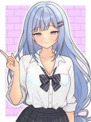 1girl 82k_mugi arm_at_side black_bow black_bowtie blue_bra blue_hair blush border bow bowtie bra breast_pocket breasts brick_wall cleavage closed_mouth collarbone collared_shirt concept_gyarus_(idolmaster) diagonal-striped_bow diagonal-striped_bowtie diagonal-striped_clothes dot_nose eyelashes grey_skirt gyaru hair_ornament hair_tie hairpin half-closed_eyes hand_up highres idolmaster idolmaster_million_live! idolmaster_million_live!_theater_days light_smile long_hair looking_at_viewer loose_bowtie medium_breasts open_collar outline outside_border pink_nails plaid_clothes plaid_skirt pleated_skirt pocket school_uniform see-through_clothes see-through_shirt shiraishi_tsumugi shirt sidelocks skirt sleeves_rolled_up solo straight_hair striped_clothes underwear upper_body very_long_hair white_border white_outline white_shirt