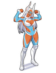 1girl :d animal_ears arms_up artist_name bare_shoulders blue_leotard boku_no_hero_academia boots breasts cleavage cleavage_cutout clenched_hands clothing_cutout cosplay covered_navel dark-skinned_female dark_skin domino_mask elbow_cutout flexing frills full_body hands_up heart_cutout knee_boots large_breasts leotard long_eyelashes long_hair looking_at_viewer mask meziosaur mirko open_mouth parted_bangs rabbit_ears rabbit_girl rabbit_tail rainbow_mika rainbow_mika_(cosplay) red_eyes shoulder_cutout simple_background smile solo street_fighter tail tail_through_clothes thick_thighs thighs toned toned_female white_background white_boots white_hair wrestling_mask wrestling_outfit