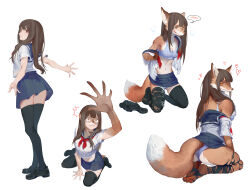 1girl absurdres animal_ears ass blush bra breasts brown_eyes brown_hair fox_ears fox_girl fox_tail furry furry_female heart highres kneeling looking_at_viewer odakojirou orange_eyes panties school_uniform small_breasts solo tail thighhighs torn_clothes torn_thighhighs transformation underwear white_background