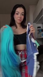 Rule 34 | 1girl, animated, aqua (konosuba), aqua (konosuba) (cosplay), arm tattoo, ass, audible music, bare shoulders, blue hair, boots, brazilian (nationality), brown eyes, brown hair, cosplay, female focus, high heel boots, high heels, indoors, interior, kono subarashii sekai ni shukufuku wo!, long hair, looking at another, looking at viewer, lowres, music, nerokosplayer, panties, photo (medium), real life, skirt, solo, sound, striped clothes, striped panties, tagme, tattoo, teeth, thighhighs, underwear, video, white thighhighs