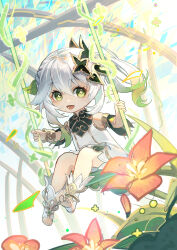1girl :d absurdres bare_shoulders bloomers commentary_request detached_sleeves dress full_body genshin_impact gold_trim gradient_hair green_eyes green_hair green_sleeves hair_between_eyes hair_ornament highres ko_aki leaf_hair_ornament long_hair looking_at_viewer multicolored_hair nahida_(genshin_impact) on_swing open_mouth pointy_ears side_ponytail sitting sleeveless sleeveless_dress smile solo stirrup_legwear swing swinging_on_swing symbol-shaped_pupils toeless_legwear toes underwear white_bloomers white_dress white_hair
