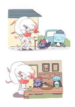 Rule 34 | animal focus, bird, cane, cat, closed eyes, closed mouth, cup, eiscue, eiscue (ice), eiscue (noice), gen 5 pokemon, gen 8 pokemon, hisuian zoroark, holding, holding cane, ice, igwjgsarifbfo9u, indoors, nintendo, no humans, penguin, picture frame, pokemon, pokemon (creature), pokemon focus, smile, suitcase, table, teacup, zorua