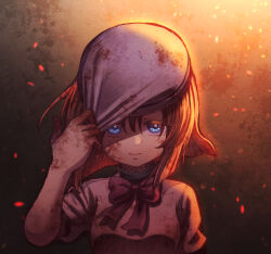 Rule 34 | 1girl, adjusting clothes, adjusting headwear, arm up, beret, blue eyes, bow, bowtie, closed mouth, dress, hat, highres, higurashi no naku koro ni, higurashi no naku koro ni gou, looking at viewer, niziato, orange hair, ryuuguu rena, short hair, solo, upper body, white dress, white hat