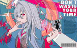 Rule 34 | 1girl, absurdres, alternate costume, angelfish, arknights, card, cardigan, colorful background, english text, fingernails, fish, hair between eyes, hair intakes, hand on own face, highres, holding, holding card, ligne claire, long hair, looking at viewer, necktie, open cardigan, open clothes, pink nails, red eyes, school uniform, shirt, skadi (arknights), sweater, sxxr7352, tarot, tarot card, tropical fish, white hair, white shirt
