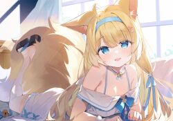 1girl absurdres ahoge animal_ears bell black_shoes blonde_hair blue_eyes blue_hairband blush commentary_request commission dress fang foot_up fox_ears fox_girl fox_tail hairband highres jingle_bell light_blush long_hair looking_at_viewer low_twintails lumo_1121 lying neck_bell off-shoulder_dress off_shoulder on_stomach open_mouth original shoes skeb_commission skin_fang smile solo tail thighhighs twintails white_dress white_thighhighs