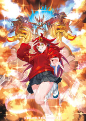 Rule 34 | 1girl, aura, black choker, black ribbon, black skirt, bow, breasts, brown hair, choker, classroom, clenched teeth, copyright notice, desk, double v, dragon, dragon musume ni naritakunai!, duel masters, explosion, fire, full body, hair ornament, hair ribbon, hairpin, highres, hood, hoodie, indoors, long hair, looking at viewer, looking down, loose socks, maguma mega, monster, neko61, official art, one eye closed, open mouth, outstretched arm, plaid clothes, plaid skirt, reaching, reaching towards viewer, red bow, red hair, red hoodie, ribbon, school desk, shirt, shoes, sidelocks, skirt, smile, socks, sparkle, standing, standing on one leg, teeth, uwabaki, v, very long hair, white shirt, yellow eyes
