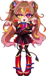 1girl :3 animal_ears black_thighhighs blonde_hair blue_collar bond_en bondlive bright_pupils brown_hair collar full_body gradient_hair hair_intakes ibaraki_natou kirina_(bond_en) lion_ears lion_girl lion_tail long_hair multicolored_hair red_eyes red_hair red_shoes shoes shorts simple_background solo spiked_collar spikes standing streaked_hair tail thighhighs transparent_background twintails v-shaped_eyebrows virtual_youtuber yellow_eyes
