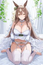 Rule 34 | 1girl, absurdres, animal ears, bare shoulders, blush, breasts, bridal lingerie, bridal veil, brown hair, cleavage, collarbone, commentary request, commission, dress, elbow gloves, garter belt, gloves, hidis0086, highres, horse ears, horse girl, jewelry, large breasts, lingerie, long hair, looking at viewer, navel, necklace, panties, parted lips, pixiv commission, satono diamond (umamusume), sitting, smile, solo, thighhighs, thighs, toes, umamusume, underwear, veil, wariza, white dress, white garter belt, white gloves, white panties, white thighhighs, yellow eyes