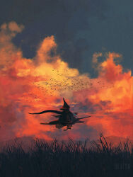1other artist_name bird brooch dkaism faceless flock full_body grass hat jewelry mountainous_horizon object_riding original outstretched_legs painterly scarf silhouette solo sunset tall_grass watermark witch_hat