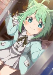 Rule 34 | 1girl, absurdres, ahoge, angel wings, animal ear fluff, animal ears, aqua eyes, blue eyes, blush, cat ears, commission, doorway, green hair, highres, hood, jacket, looking at viewer, opening door, pov doorway, ribbon, shiro9jira, short hair, skeb commission, skirt, smile, solo, vrchat, white skirt, wings