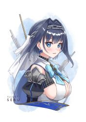 1girl artist_name blue_eyes blush breasts closed_mouth hololive hololive_english large_breasts looking_at_viewer ouro_kronii ouro_kronii_(1st_costume) sebu_illust short_hair solo tagme underboob upper_body virtual_youtuber