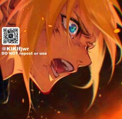 1boy aqua_eyes blonde_hair cloud_strife crying crying_with_eyes_open dirty dirty_face embers final_fantasy final_fantasy_vii furrowed_brow kiki_lala male_focus open_mouth qr_code short_hair shouting solo tears twitter_username wide-eyed