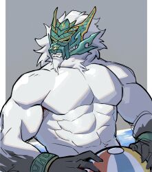 1boy abs absurdres ball bara beachball biceps chilly_tokage fangs furry furry_male highres honkai:_star_rail honkai_(series) hoolay_(honkai:_star_rail) looking_to_the_side male_focus masked muscular muscular_male pectorals topless_male white_fur white_hair wolf_boy wrist_cuffs