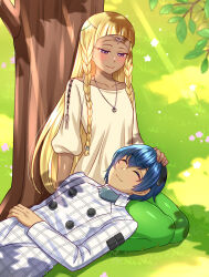 Rule 34 | 1boy, 1girl, black hairband, blonde hair, blue hair, blush, braid, buttons, closed eyes, closed mouth, collarbone, commentary request, commission, dark-skinned female, dark-skinned male, dark skin, dress, eupha (metaphor: refantazio), grass, green pantyhose, hairband, highres, jacket, lap pillow, long hair, looking at another, looking down, metaphor: refantazio, pantyhose, pixiv commission, protagonist (metaphor: refantazio), purple eyes, short hair, sitting, smile, third eye, tree, twin braids, white jacket, yakisobapan tarou &amp; negitoro-ko, yellow dress