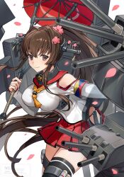 Rule 34 | 1girl, black thighhighs, breasts, brown eyes, brown hair, cherry blossoms, clothing cutout, commentary request, flower, hair flower, hair ornament, headgear, highres, hip vent, holding, holding umbrella, kantai collection, large breasts, long hair, miniskirt, oil-paper umbrella, petals, pink flower, pleated skirt, ponytail, shoulder cutout, simple background, single thighhigh, skirt, solo, tassel, thighhighs, tsugutoku, umbrella, very long hair, white background, yamato (kancolle)