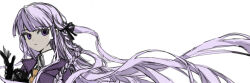 1girl black_gloves braid cho_koko-kyu_no_washi closed_mouth collared_shirt danganronpa:_trigger_happy_havoc danganronpa_(series) gloves hair_ribbon hands_up jacket kirigiri_kyoko long_hair long_sleeves looking_at_viewer necktie open_clothes open_jacket pink_eyes pink_hair ribbon shirt side_braid simple_background solo white_background