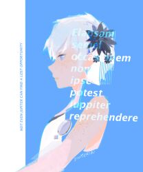 1girl artist_name black_flower blue_background blue_eyes brooch closed_mouth commentary cropped_torso dixoterin english_commentary english_text eyelashes flower freckles from_side hair_flower hair_ornament jewelry kyokugen_dasshutsu kyokugen_dasshutsu_adv:_zennin_shibou_desu latin_text mixed-language_text phi_(kyokugen_dasshutsu) short_hair simple_background solo source_quote very_short_hair white_hair