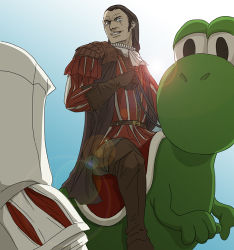 2boys assassin&#039;s_creed assassin&#039;s_creed_(series) cape crossover ezio_auditore_da_firenze gb_(doubleleaf) gradient_background hood lens_flare lowres mario_(series) mario_auditore multiple_boys name_connection nintendo parody pun saddle scar sky yoshi