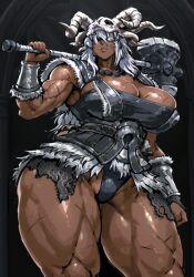 1girl armor black_background breasts cleavage dark_skin elden_ring elden_ring_nightreign genderswap genderswap_(mtf) hair_over_eyes hammer holding holding_hammer kisuu large_breasts leotard long_hair muscular muscular_female over_shoulder pouch raider_(elden_ring) scar scar_on_arm scar_on_breasts scar_on_leg skull_on_head solo standing thick_thighs thighs very_long_hair weapon weapon_over_shoulder white_hair wide_hips