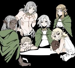 2boys 4girls arm_tattoo bags_under_eyes bare_shoulders black_background black_eyes blonde_hair blue_eyes braid chest_tattoo cithis cloak crossed_arms dark-skinned_female dark_elf dark_skin dungeon_meshi elf facial_mark fleki forehead_mark gloves gorget green_cloak green_eyes grey_hair hair_around_ear head_on_arm highres hood hooded_cloak jewelry lazy_eye long_hair looking_at_viewer low_twintails lycion mithrun multiple_boys multiple_girls natuso7 notched_ear otta_(dungeon_meshi) pattadol pointy_ears shirt short_hair simple_background sleeveless smirk table tattoo topless_male tunic twintails uneven_eyes very_short_hair yellow_eyes