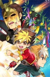 3boys amanogawa_ginga amanogawa_ryuusei amanogawa_taiki aqua_shorts artist_name bamboo belt belt_pouch big_bang_(kabutoborg) black_hair blonde_hair brothers brown_belt brown_eyes brown_hair child closed_mouth collared_jacket commentary dated epaulettes family father_and_son hercules_beetle highres index_finger_raised jacket jinzou_konchuu_kabutoborg_vxv kuroda_(kuro_yyy) looking_at_viewer male_focus mask multicolored_hair multiple_boys open_mouth pouch red_jacket red_shoes shoes shooting_star short_hair shorts siblings sky smile sneakers star_(sky) star_(symbol) starry_sky tanabata tanzaku tomcat_red_beetle_(kabutoborg) toy toy_car twitter_username two-tone_hair white_hair wristband