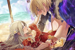 1boy 1girl armor beach blonde_hair blush bracelet breasts cleavage clenched_teeth commentary covered_navel dimitri_alexandre_blaiddyd dimitri_alexandre_blaiddyd_(timeskip) edelgard_von_hresvelg edelgard_von_hresvelg_(summer) fire_emblem fire_emblem:_three_houses fire_emblem_heroes flower food gauntlets hair_flower hair_ornament hair_ribbon hetero highres holding holding_spoon ice_cream jewelry long_hair lying medium_breasts necklace nintendo ocean official_alternate_costume on_back one-piece_swimsuit outdoors parted_bangs pendant purple_eyes purple_ribbon red_one-piece_swimsuit ribbon sand short_hair soma_otakuu spill spoon star_(symbol) star_necklace sweat swimsuit teeth thighs