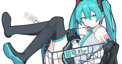Rule 34 | 1girl, 39, :/, absurdres, aqua eyes, aqua hair, aqua necktie, aqua panties, aqua trim, black boots, black skirt, black sleeves, black thighhighs, boots, commentary request, crossed bangs, detached sleeves, flat chest, full body, grey shirt, hair between eyes, hatsune miku, highres, in shopping cart, long hair, looking up, miniskirt, necktie, number tattoo, panties, pantyshot, pleated skirt, price tag, sacrai, sanpaku, shirt, shopping cart, simple background, skirt, sleeveless, sleeveless shirt, solo, spring onion, tattoo, thigh boots, thighhighs, twintails, unamused, underwear, very long hair, vocaloid, white background