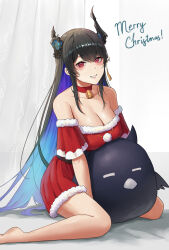 1girl absurdres asymmetrical_horns bell black_hair black_horns blue_hair breasts choker cleavage colored_inner_hair commentary dress english_text fur-trimmed_dress fur_trim highres hololive hololive_english horns jailbird_(nerissa_ravencroft) large_breasts long_hair merry_christmas multicolored_hair neck_bell nerissa_ravencroft rayn3 red_choker red_dress red_eyes santa_costume santa_dress sitting virtual_youtuber wariza