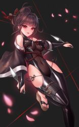 Rule 34 | 1girl, black bodysuit, bodysuit, breasts, brown hair, clothing cutout, commentary, covered navel, detached sleeves, english commentary, falling petals, goddess of victory: nikke, hair ornament, hair stick, highres, holding, holding kunai, holding weapon, korean commentary, kunai, long hair, looking at viewer, medium breasts, mixed-language commentary, official alternate costume, parted lips, petals, pink petals, red eyes, rose petals, sakura (midnight stealth) (nikke), sakura (nikke), sandals, shoulder cutout, smile, solo, standing, standing on one leg, string, toriseru (rare stone), weapon