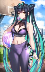 1girl alternate_costume ball bare_shoulders basketball_(object) basketball_hoop black_hair blowing_bubble_gum blue_sky breasts chewing_gum cloud collarbone colored_inner_hair commentary_request cone_hair_bun day double_bun goddess_of_victory:_nikke green_hair hair_bun hair_intakes highres holding holding_ball korean_commentary large_breasts leggings little_mermaid_(nikke) long_hair midriff multicolored_hair navel outdoors purple_leggings purple_sports_bra sky solo sports_bra toriseru_(rare_stone) two-tone_hair v very_long_hair wristband yellow_eyes