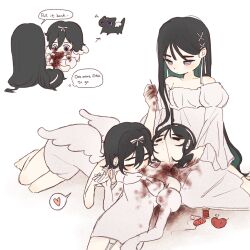 Rule 34 | 3girls, alien stage, blood, blood on hands, blood on neck, blue eyes, coldmeow, commentary, dress, earrings, english commentary, hairband, heart, heart (organ), highres, holding sewing needle, jewelry, lap pillow, licking blood, long hair, lying, multiple girls, multiple persona, needle, off-shoulder dress, off shoulder, on back, pencil dress, pincushion, purple eyes, sewing needle, short hair, sitting, spoken heart, stitched neck, stitches, stitching, sua (alien stage), thread, very long hair, white hairband