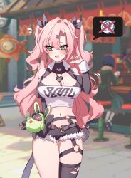 1girl amillion_(zenless_zone_zero) bare_shoulders belt black_shorts black_thighhighs breasts cleavage clothing_cutout cowboy_shot crop_top cutoffs green_eyes hair_ornament hair_ribbon hairclip hand_up highres jewelry large_breasts long_sleeves looking_to_the_side midriff mole mole_on_breast mole_on_thigh navel necklace nicole_demara open_mouth parted_bangs pink_hair ribbon shirt short_shorts shorts shoulder_cutout single_thighhigh smile solo stomach taiyaki12 thighhighs thighs torn_clothes torn_thighhighs two_side_up white_shirt zenless_zone_zero
