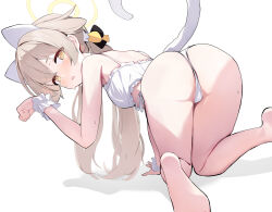1girl absurdres all_fours animal_ears ass bare_legs bare_shoulders barefoot blue_archive blush bra breasts brown_hair cat_ears cat_tail commentary fake_animal_ears fake_tail foot_out_of_frame frilled_bra frilled_wrist_cuffs frills from_behind furrowed_brow hair_intakes hairband halo hand_up hifumi_(blue_archive) highres knees_together_feet_apart loli long_hair looking_at_viewer looking_back low_twintails panties paw_pose shy simple_background small_breasts solo sweat tail thighs twintails underwear underwear_only white_background white_bra white_hair white_hairband white_panties white_wrist_cuffs wrist_cuffs yamada_auto yellow_eyes yellow_halo