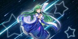 1girl blue_skirt blush breasts commentary detached_sleeves english_commentary facing_viewer frog_hair_ornament game_cg gohei green_hair grin hair_ornament hair_tubes highres holding holding_gohei kochiya_sanae large_breasts long_hair night night_sky official_art rotte_(1109) shooting_star single_hair_tube skirt sky smile snake_hair_ornament solo star_(symbol) third-party_source touhou touhou_lostword very_long_hair