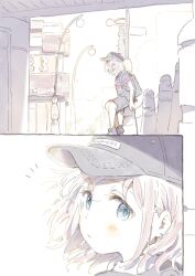 1girl backpack bag baseball_cap black_bag black_hat black_shirt black_shoes black_shorts blue_eyes bridge bright_background building city day from_side hat highres idolmaster idolmaster_shiny_colors lamppost light_blush looking_at_viewer notice_lines senda_nara serizawa_asahi shirt shoes short_hair shorts sitting sitting_on_object solo tree under_bridge white_hair