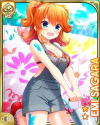 1girl bikini blue_eyes blue_sky bow breasts bucket cleavage day girlfriend_(kari) grey_overalls hair_behind_ear holding holding_bucket large_breasts midriff official_art open_mouth orange_hair outdoors overall_shorts overalls paint paint_can paint_palette qp:flapper red_bikini red_bow red_shoes sagara_emi shoes sky sneakers socks surprised swimsuit tagme two_side_up