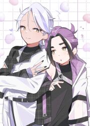 Rule 34 | alternate costume, alternate hairstyle, arrow (symbol), asymmetrical sleeves, black hair, black nails, chain, chain necklace, drayton (pokemon), flying sweatdrops, grey hair, grid background, hair between eyes, heart, highres, jacket, jewelry, kieran (pokemon), long sleeves, male focus, mole, mole on neck, multicolored hair, multiple boys, multiple rings, nail polish, necklace, nintendo, parted lips, pokemon, pokemon sv, purple hair, ring, shizumu (4 zu6), sweat, v, yaoi, yellow eyes