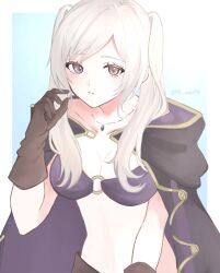 1girl bikini black_jacket blue_background blush border breasts brown_eyes brown_gloves commentary female_robin_(fire_emblem) female_robin_(seaside_tactician)_(fire_emblem) fire_emblem fire_emblem_awakening fire_emblem_heroes gloves highres jacket jacket_on_shoulders jewelry long_hair looking_at_viewer medium_breasts necklace nintendo official_alternate_costume outside_border purple_bikini sayaka_(fe_uma274) simple_background solo swept_bangs swimsuit twintails white_border white_hair