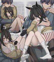 1boy 1girl absurdres animal_ears black_hair bucket closed_mouth coffee commentary_request cup food hair_between_eyes hetero highres holding holding_cup horse_ears horse_girl horse_tail leogust long_hair looking_at_viewer manhattan_cafe_(umamusume) multicolored_hair multiple_views popcorn sitting smile socks streaked_hair tail thighs trainer_(umamusume) umamusume white_hair white_socks yellow_eyes