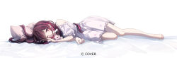 1girl azki_(hololive) barefoot bed_sheet black_hair collar colored_inner_hair commentary_request copyright_notice dress fffafa_daifuku frilled_dress frills full_body hair_ornament head_on_pillow hololive long_hair looking_at_viewer low_twintails lying multicolored_hair off-shoulder_dress off_shoulder official_art on_side one_eye_closed pillow pink_collar pink_hair pioneer_(azki) purple_eyes short_dress streaked_hair twintails virtual_youtuber white_dress x_hair_ornament